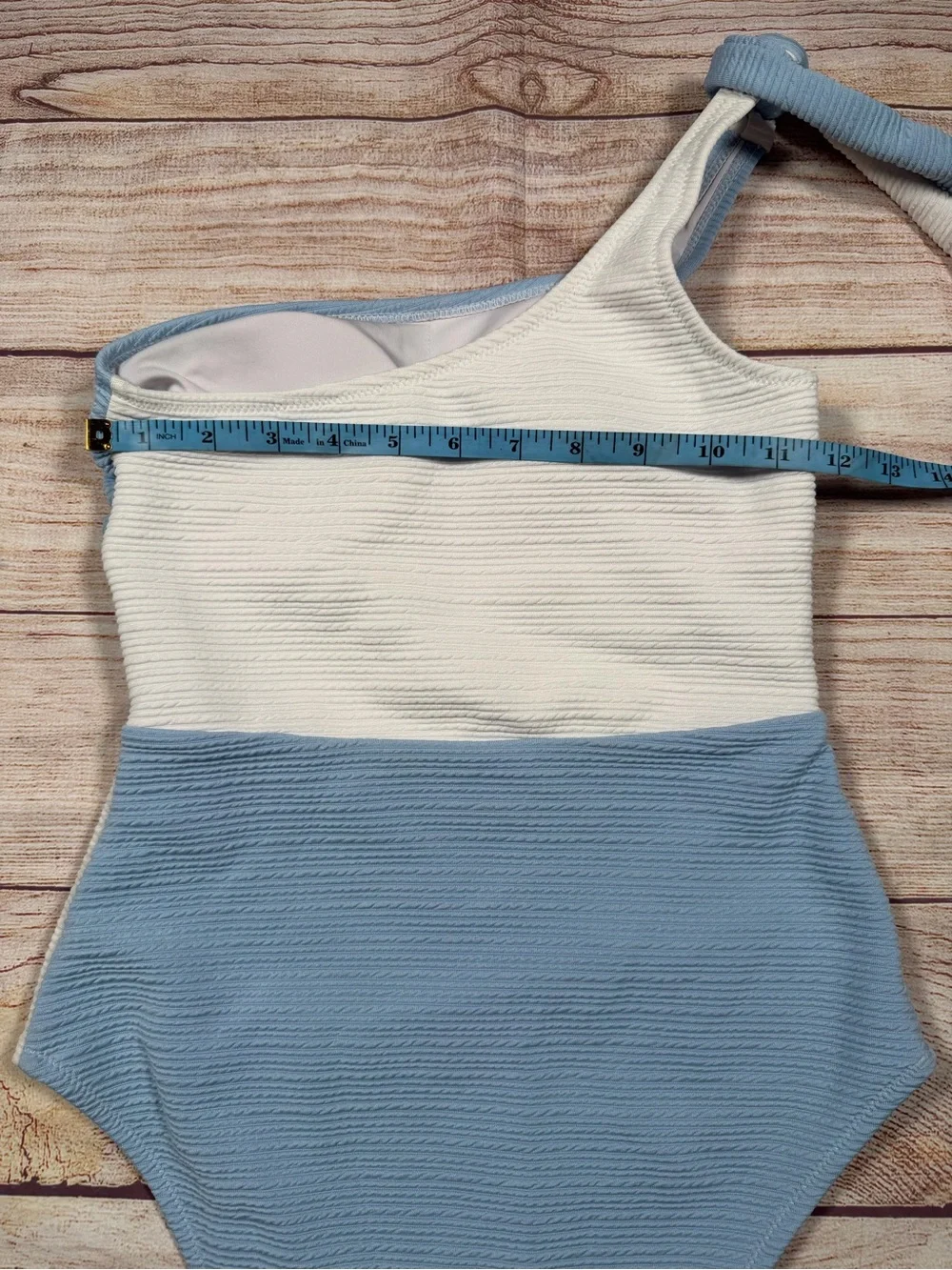 NWOT One-Shoulder Preppy‎ Color-block Blue and White Textured One-Piece Swimsuit